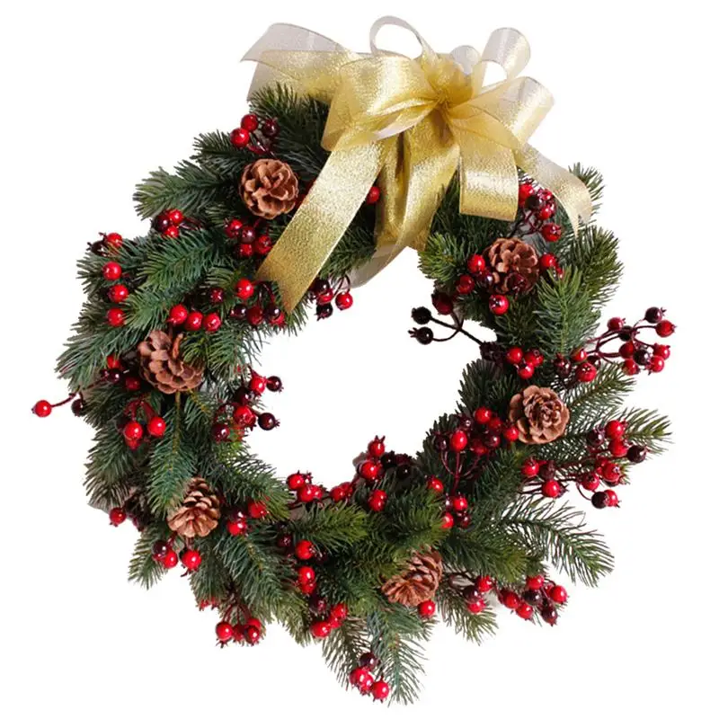 45 X 45 X 8cm Plastic Christmas Garland With Ribbon Pine Twigs Pine Cones Berries Wall Door Decoration Wreath For Hotel Home