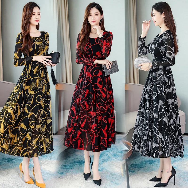 

2019 Autumn Chiffon Printed Long Maxi Dress Women Plus Size Long Sleeve O-neck Vintage Sexy Elegant Korean Dresses Vestidos Muje