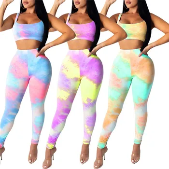 

CHRONSTYLE New Arrival Women Sport Outfits 2-piece Set Fashion Casual Tie-dye Print Crop Tops High Waist Pants Trainning Outfits