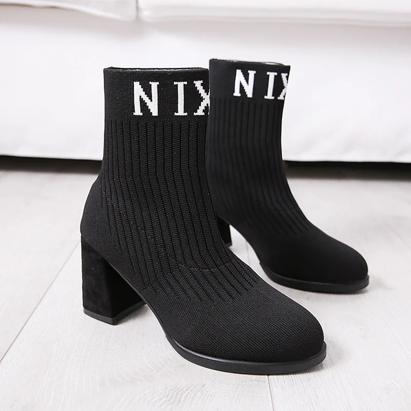 

2019 Winter New Style Boots WOMEN'S Shoes 2019 Winter Rubber round-Toe Yarn Knitted Short Boots Elastic Net Thin