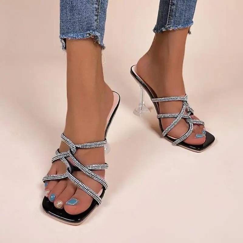 

2022 New Women Rhinestone Slippers Sandals Summer High Heels Sexy Square Toe Ladies Dress Party Shoes Big Size 43 Ytmtloy