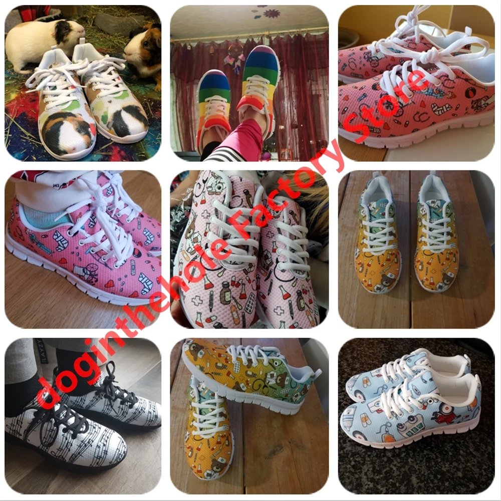 Doginthehole Dalmatian Dog Cute Pattern Women Casual Flats Air Mesh Sneakers for Teenager Girls Black White Female Running Shoes