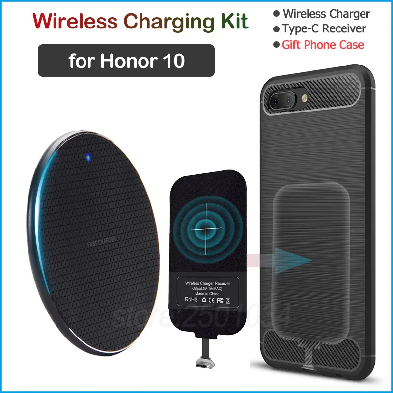

Wireless Charging for Huawei Honor 10 Qi Wireless Charger+USB Type C Receiver Adapter Gift Soft TPU Case for Honor 10
