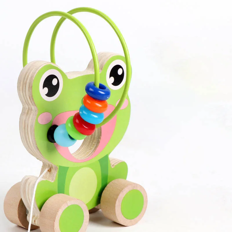 Children Educational Cartoon Animal Toddler Drag Toy Small Round Bead Trailer Wooden Round Bead Toy Gifts