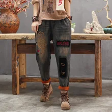 Женские джинсы, Осень-зима, Ретро стиль, эластичная талия, флис, теплые джинсы, новинка, женские повседневные брюки с вышивкой в стиле пэчворк