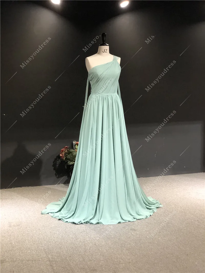 вечерние платья 100% Real Pictures Mint Green Chiffon One Shoulder A-line Women Mom Prom Party Bridal Dancing Evening Dresses evening dresses for weddings