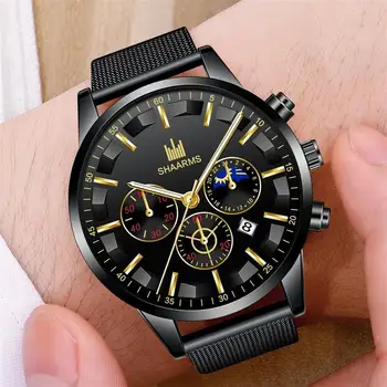 

SHAARMS Men Watch 2020 Business Man Watches Fashion Date Mesh Band Quartz Wristwatch Luxury Sunshine Relogio Masculino Black