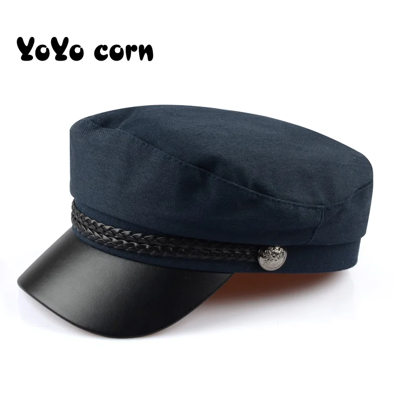 YOYOCORN, модная военная шапка из искусственной кожи, осенняя Морячка, шапка для женщин и мужчин, черная, серая, плоский верх, женская кепка для путешествий, Кепка Капитана - Цвет: blue