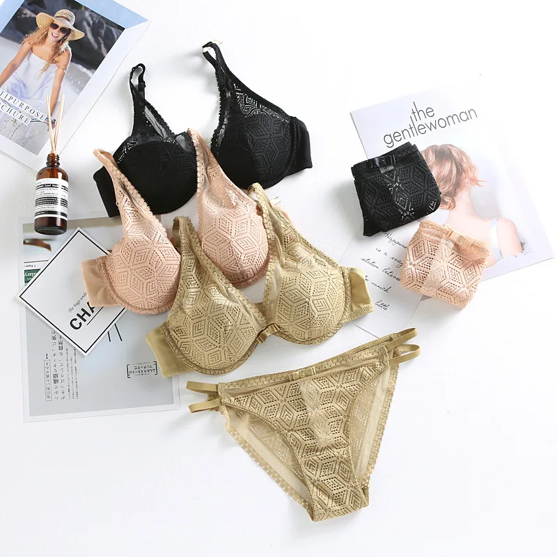 

Europe Sexy Plaid Lace Push Up Bra Set Deep V Breathable Women Underwear A B C Cup Plus Size Lingerie Bow Brassiere Panties Set