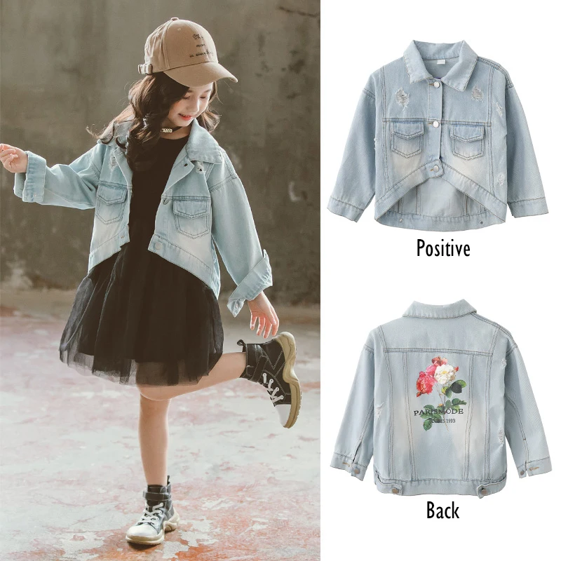 

Denim Jacket for Girls Long Sleeve Jacket Denim Coats Big Girl Casual Flower Pattern Outfits Tops Children Outwear Fall Clothing