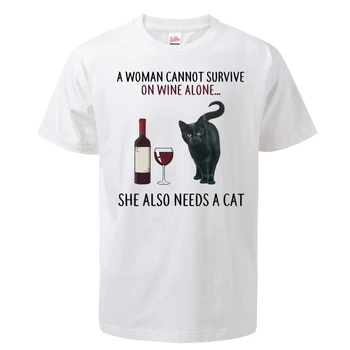

A Women Cannot Surive On Wine Alone T Shirts Male Tee Shirts Summer Cotton Tops Fashion Animal Cat Streetwear Unisex Tops Tees