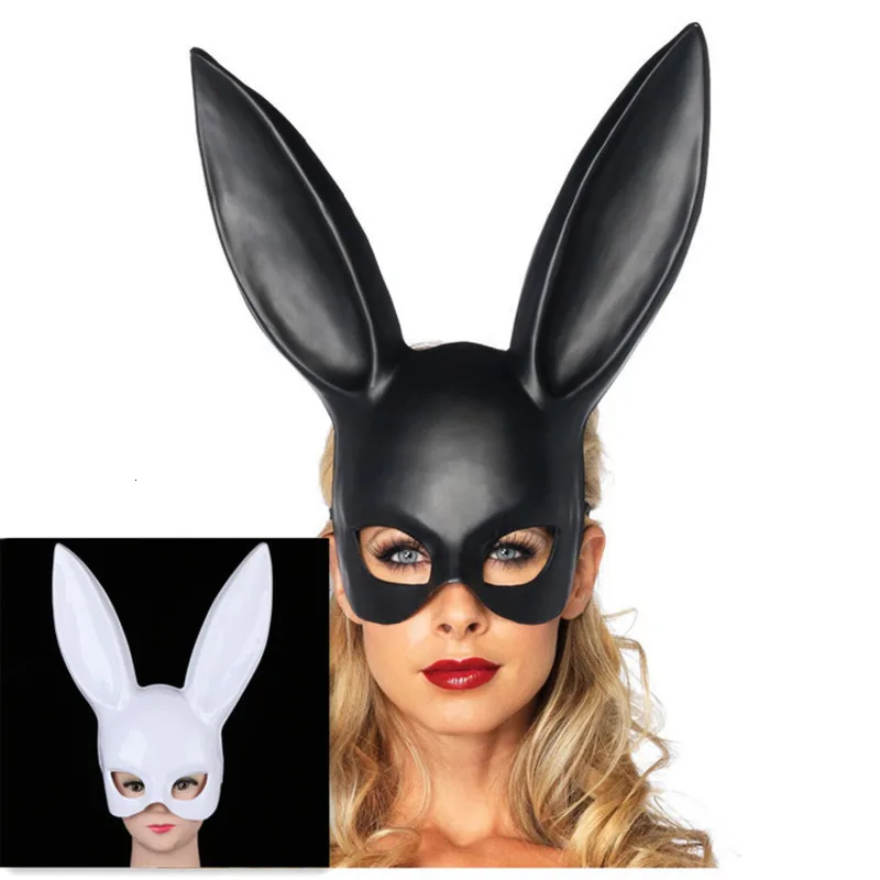 

Sexy Women Black White Pvc Rabbit Ears Mask Cute Long Ears Bunny Half Face Mask Halloween Masquerade Party Cosplay Costume Props