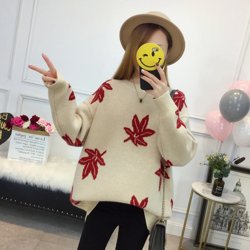 White maple leaf Плюс удобрение XL Женский 200 кг жира мм осень и зима Свободный теплый свитер с оленем для женщин размера плюс - Цвет: White maple leaf