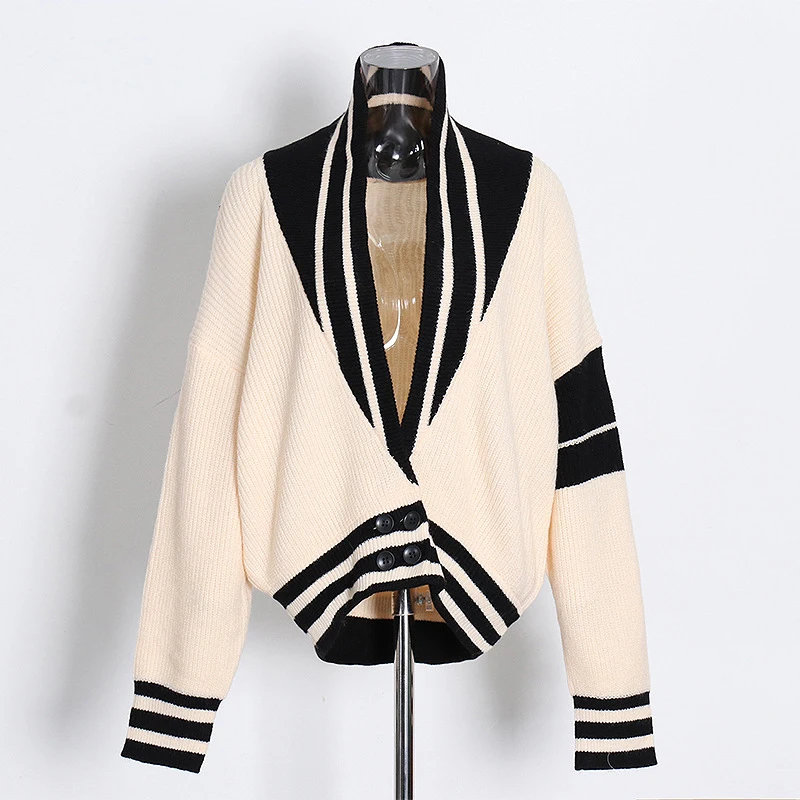 ECRURANI Patchwork Casual Coat For Women V Neck Lantern Long Sleeve Hit Color Button Coats Female 2022 Spring Clothing New Style