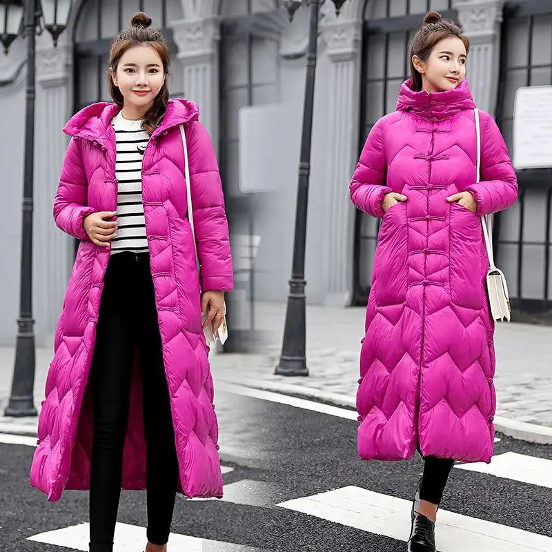 High Quality Winter Jacket National Style Women Slim X-long Vintage Coat Hooded thicken Female Padded Outwear Warm Parkas D268 - Цвет: rose red