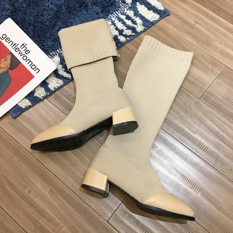 Beige Женские осенние сапоги; Новинка года; Сапоги выше колена; модные женские сапоги-носки; пикантные сапоги без застежки; элегантные женские сапоги; цвет бежевый, черный - Цвет: Beige