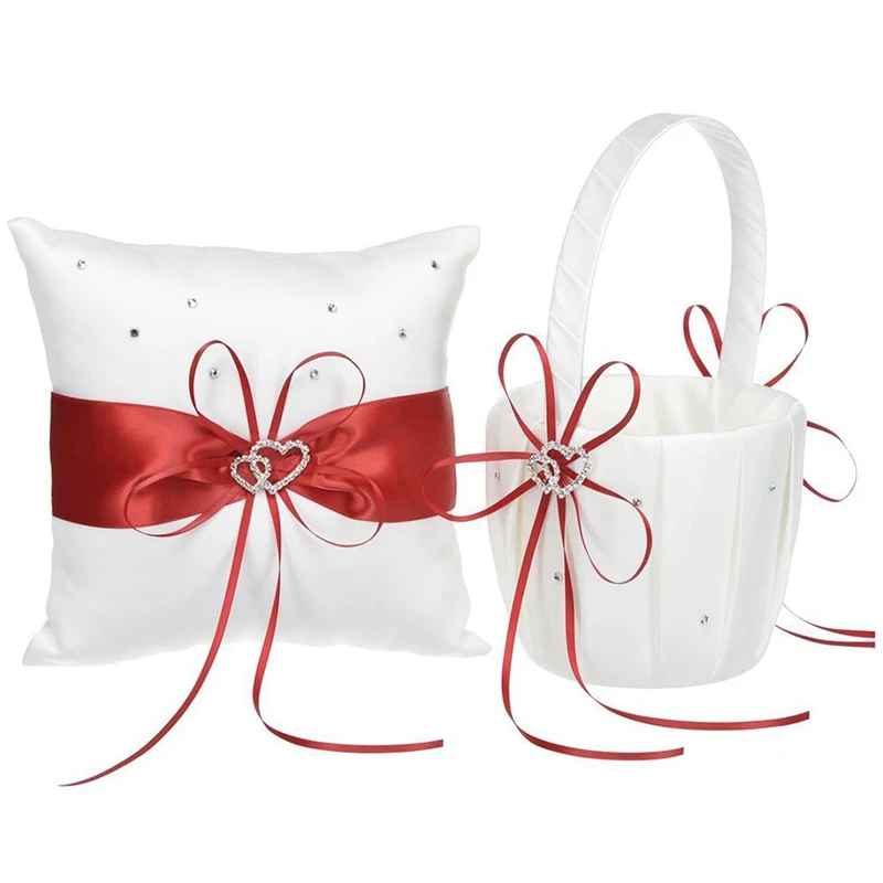 

2 Heart Rhinestones Ivory Satin Wedding Flower Girl Basket And Ring Pillow Set For Wedding