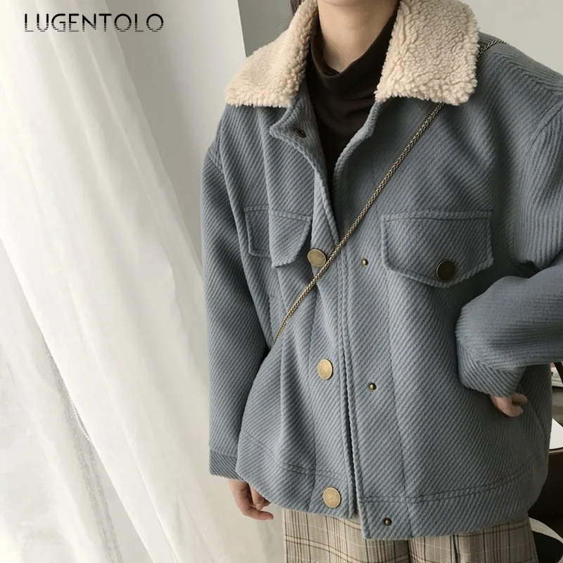 Lugentolo, Женское шерстяное зимнее пальто, Осеннее, свободное, одноцветное, с длинным рукавом, повседневное, отложной воротник, теплое, свободное, модное, с карманами, на пуговицах, пальто