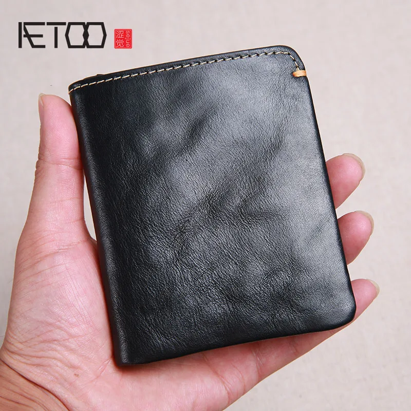

BJYL Wallet men's short leather super thin youth first layer cowhide handmade simple soft leather wallet vertical mini wallet