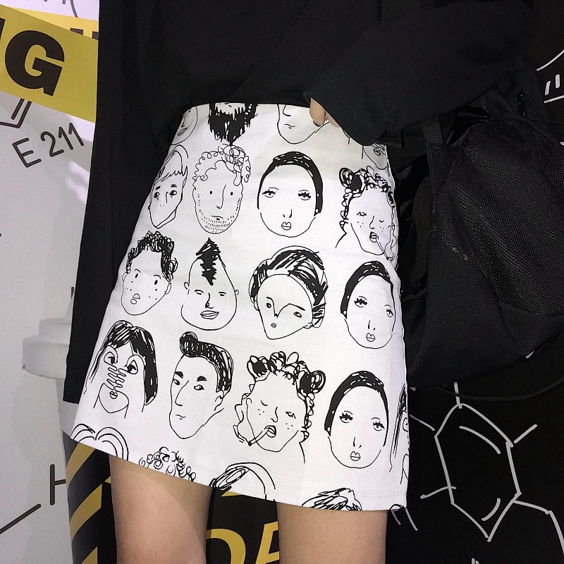 Online Harajuku Linda figura estampado A Line Falda Mujer negro blanco Simple dibujo Mini falda