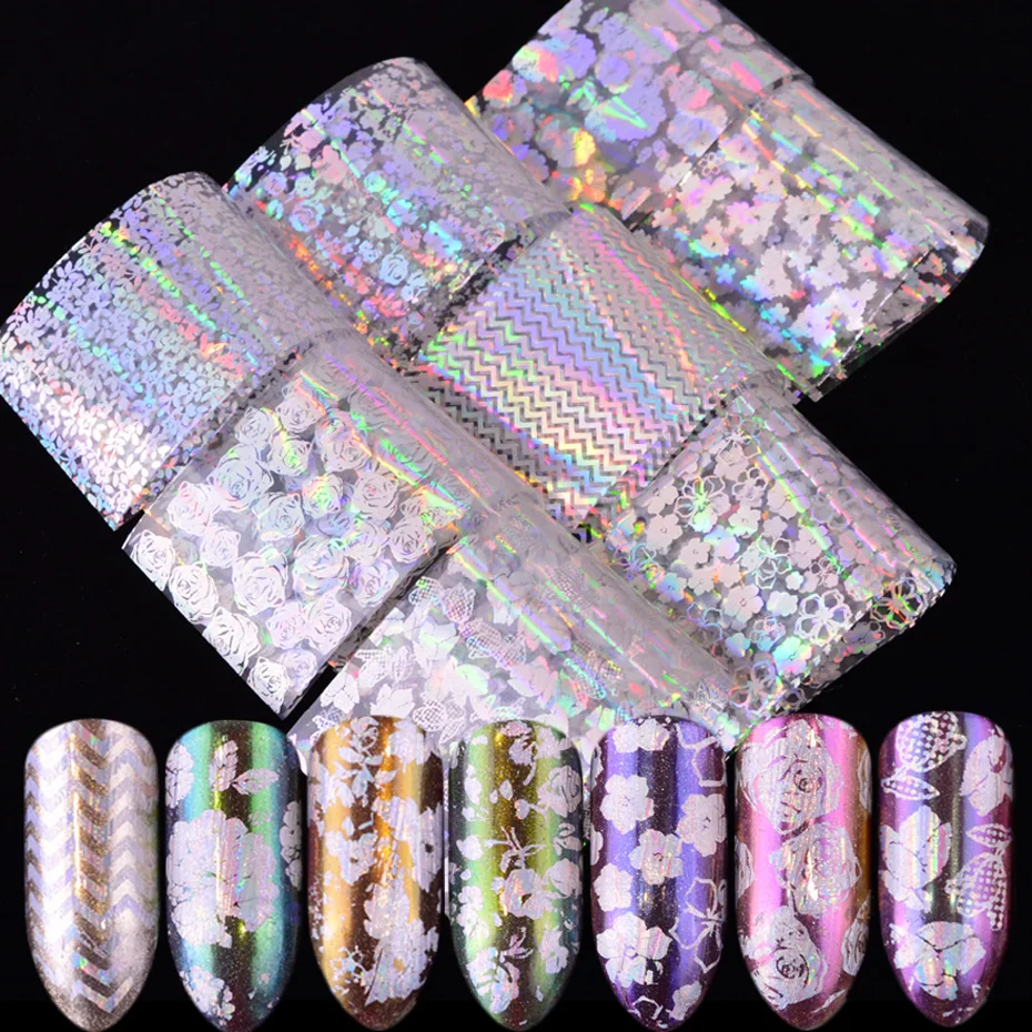 

8pcs Holographic Laser Nail Foil Flowers Transparent Sticker Rose Stripe Glitter Decals 20x4cm UV Gel Slider Manicure JI141
