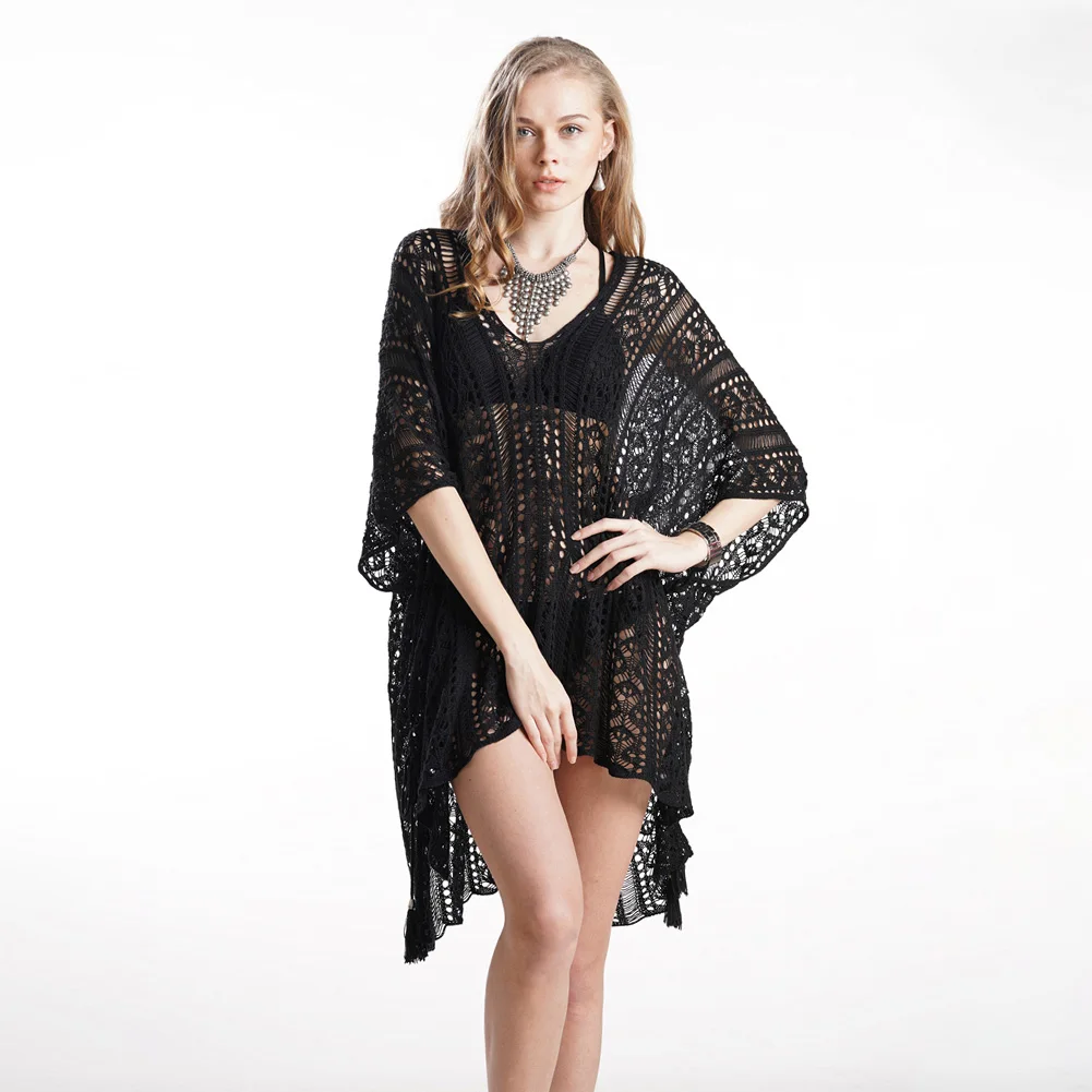 

Women Lace Fashion Loose Long Knitted Out Top Summer Sexy Swimwear V Neck Crocheted Cover Up Beach Blouse