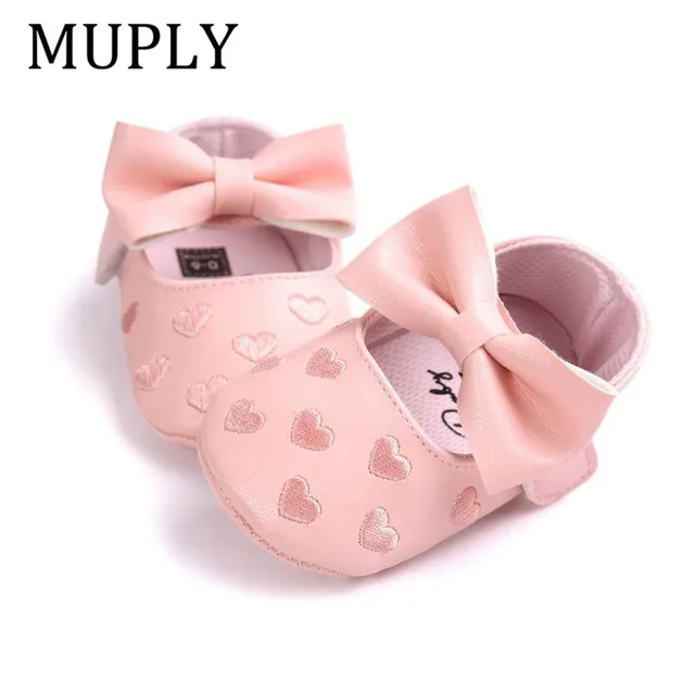 PU Leather Embroidery Love Big Bow Baby Princess Shoes Prewalkers Soft Bottom Boots Cute Newborn Babies Wedding Party Shoes 1