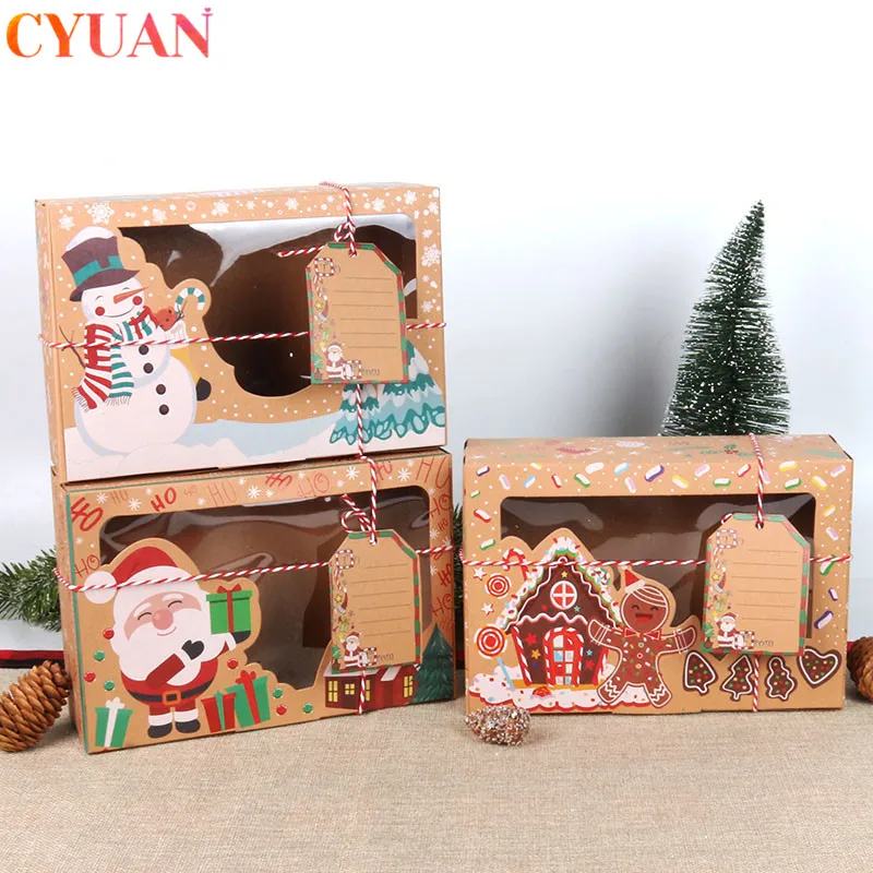 

3/6/12pcs Christmas Cookie Boxes Bakery Window Gift Boxes Tags Kraft Paper Packing Boxes Xmas Favors Candy Box Christmas Present
