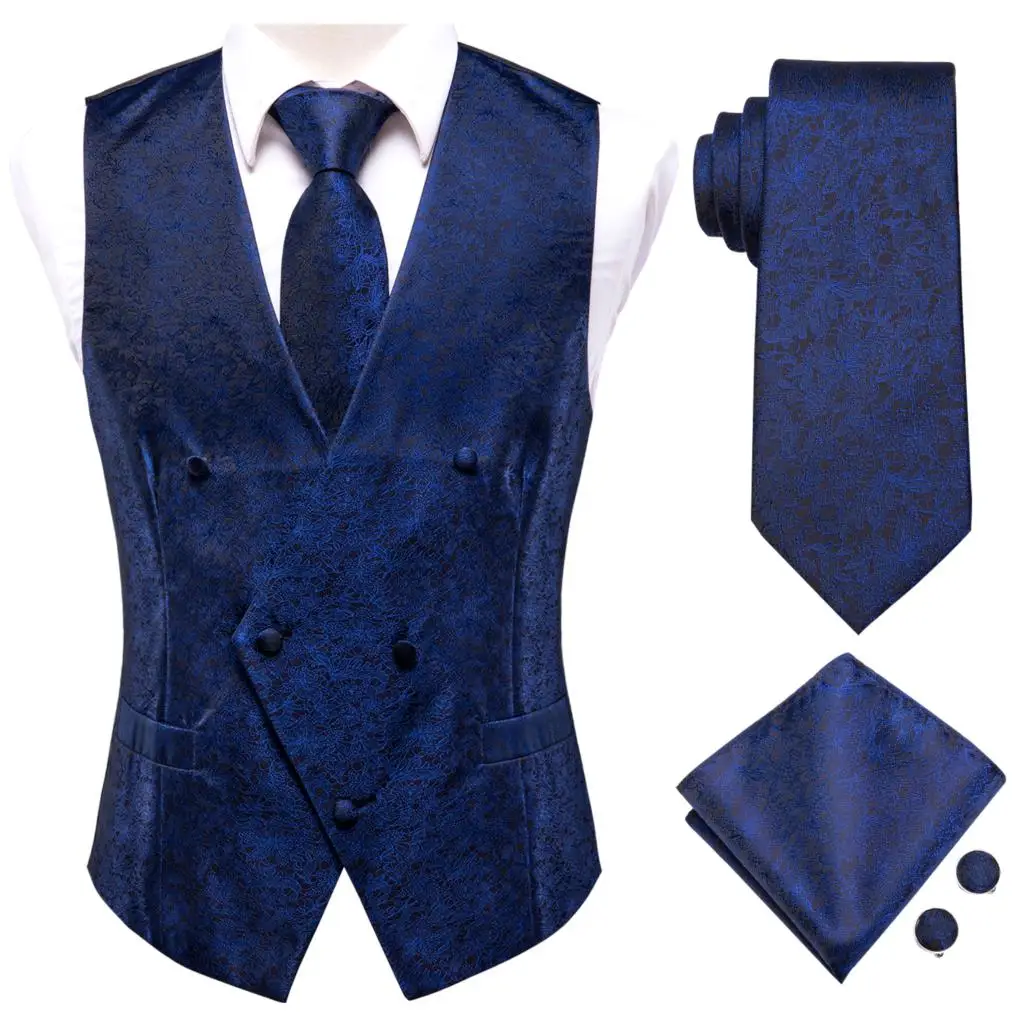 Hi-Tie Jacquard Silk Mens Suit Vests Gold Solid Plain 4PC Waistcoat Tie Hanky Cufflinks Set Business Wedding Dress Waist Jacket blazers Suits & Blazer