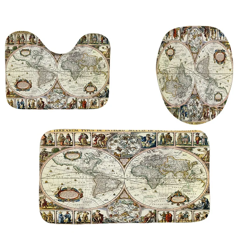 

4Pcs Home Bathroom Decor Set Bathroom Map Pattern Toilet Seat Cover Bath Mat Set+ Waterproof Shower Curtain