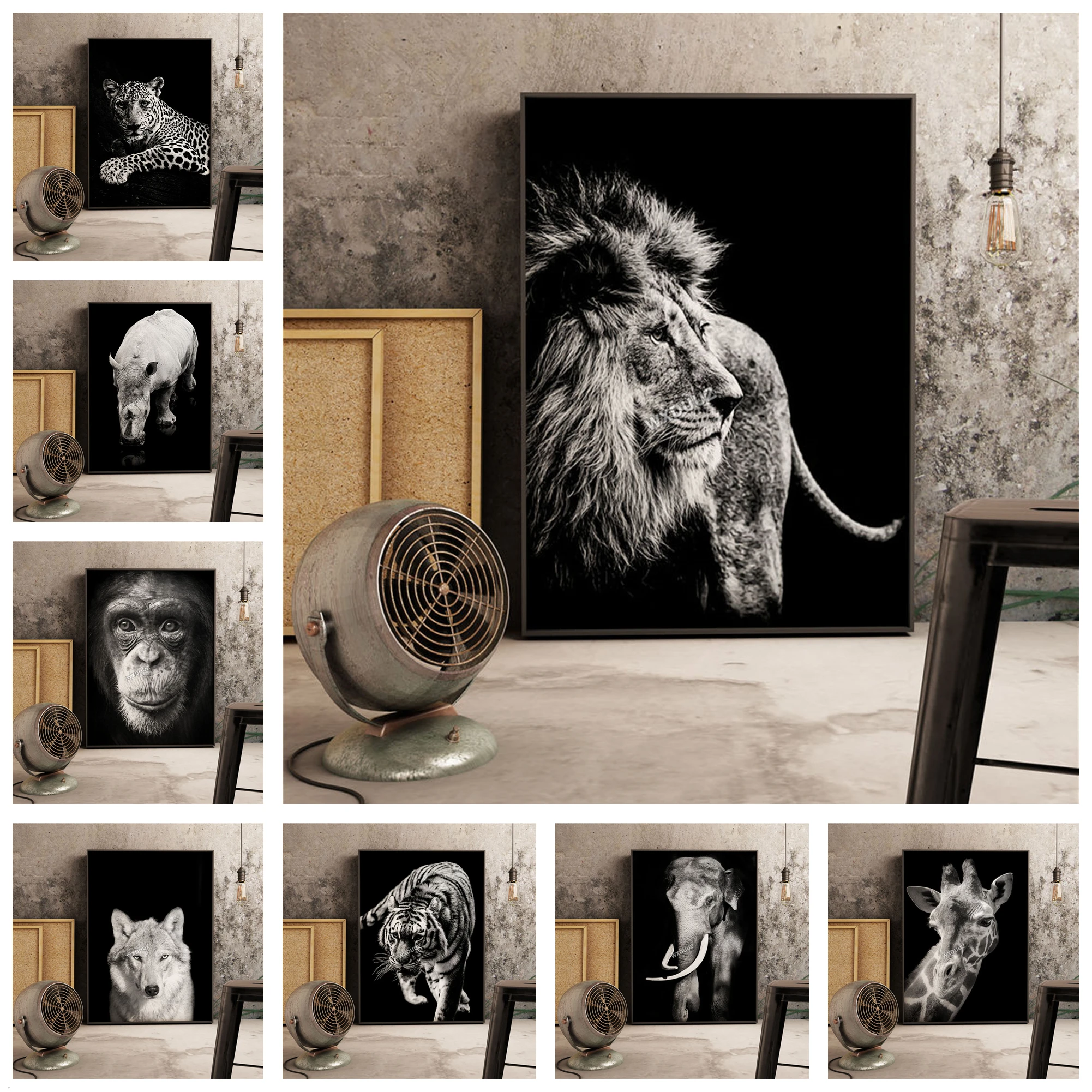 Черный и белый животное Лев Тигр Слон wall art nordic гостиная украшения детской