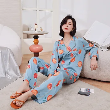 

Elegant Japanese Style Ice Silk WOMEN'S Pajamas New Spring Thin Loose Fit Long Sleeve Pajamas Blue Orange Print Home Clothes