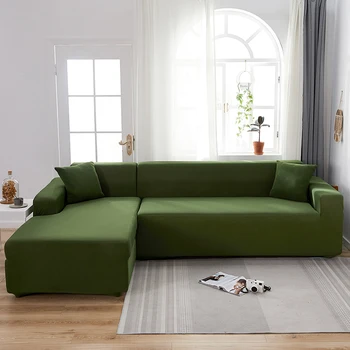 

Solid Green Sofa Cover L Shape Elastic Stretch Couch Case for Living Room Flexible Polyester Sofa Slipcover 1/2/3/4-Seat