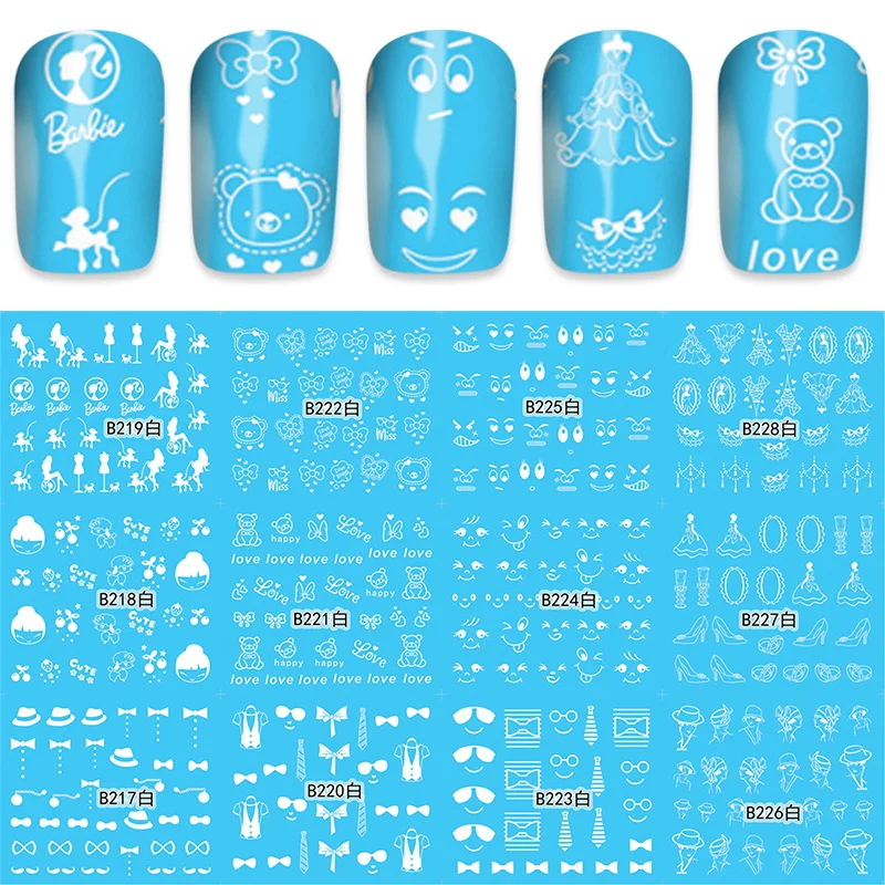 Wish AliExpress 12в1 наклейка для водяного переноса изображения на ноготь синий с белыми цветами на английском