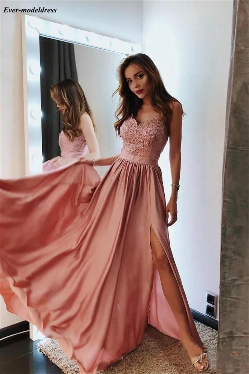 

Long Bridesmaid Dresses 2019 Lace Appliques Side Split Open Back Floor Length Wedding Guest Dress Maid of Honor Dress