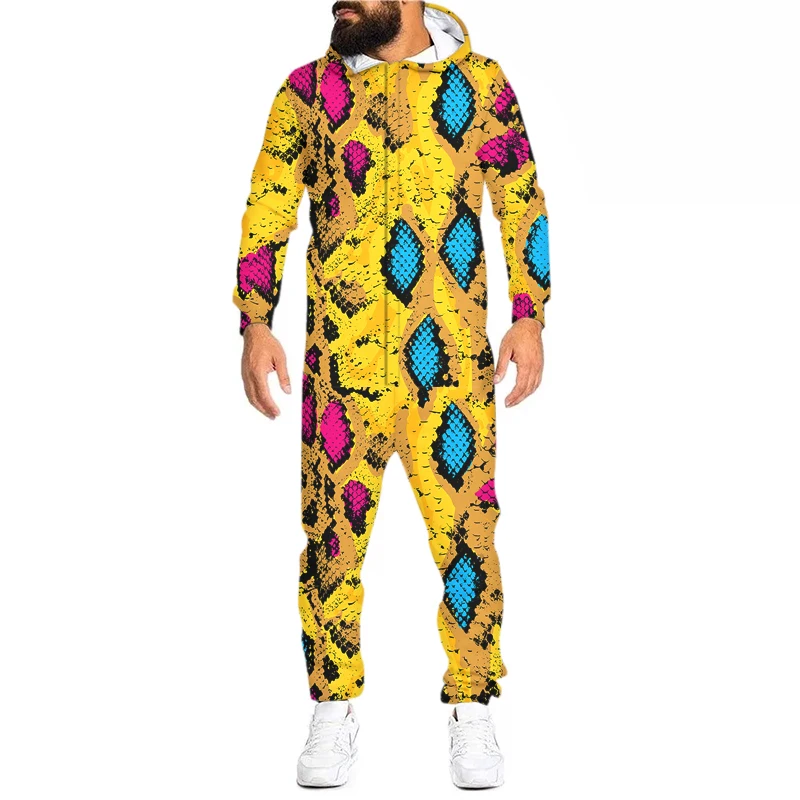3D Colorful Snake Skin Printing Loungewear Pajamas Unisex Loose Hooded Zip Open Sleepwear Onesies For Adult Jumpsuits Wholesale