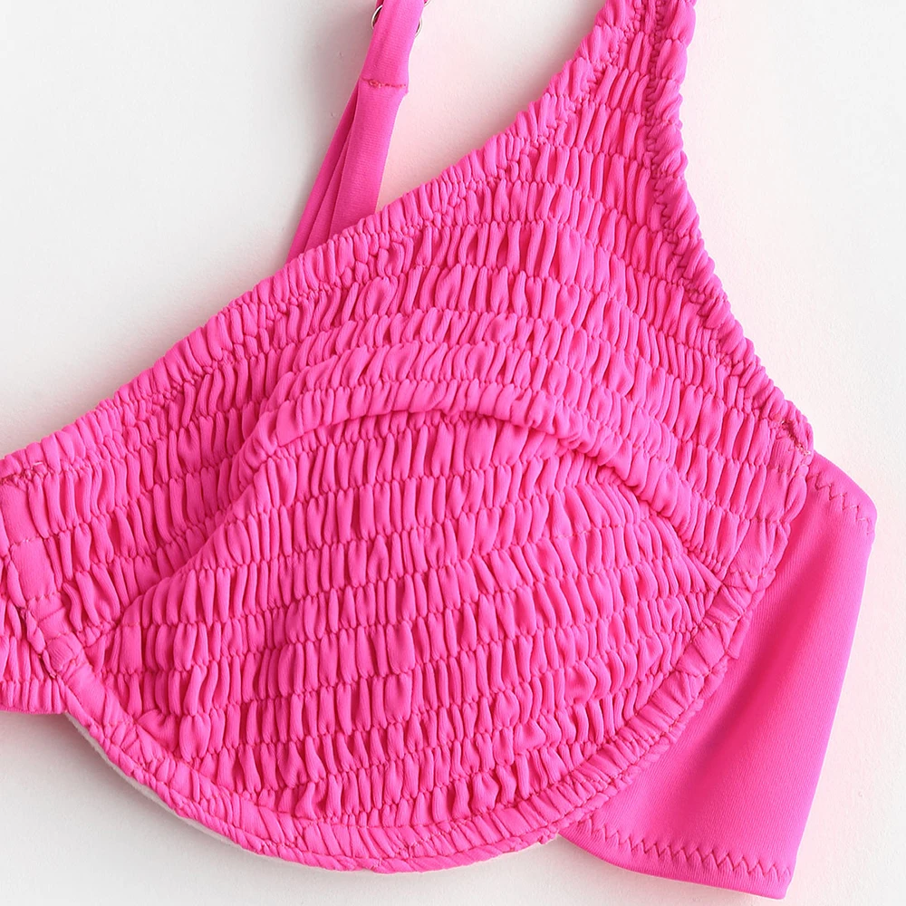 ZAFUL Women Hot Pink Neon Smocked Tie Bikini Swimsuit Tie Side Low Waisted Bikini Sets Spaghetti Straps Solid Push Up Swimwear ZAFUL Women Hot Pink Neon Smocked Tie Bikini Swimsuit Tie Side Low Waisted Bikini Sets Spaghetti Straps Solid Push Up Swimwear