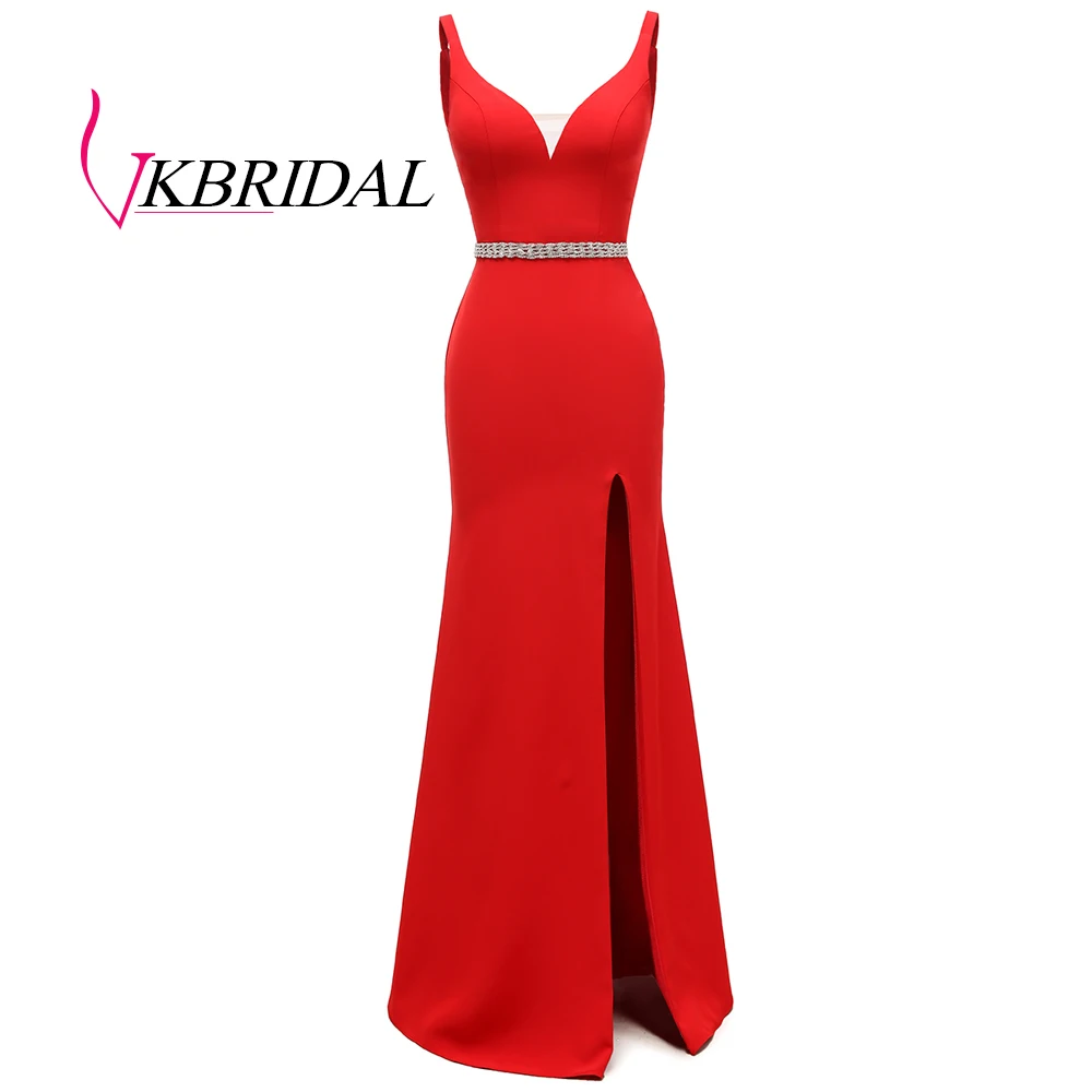 

VKBRIDAL Red Evening Dress 2019 Sexy V- Neck Satin Floor Length Long Formal Prom Dresses Mermaid Party Gowns