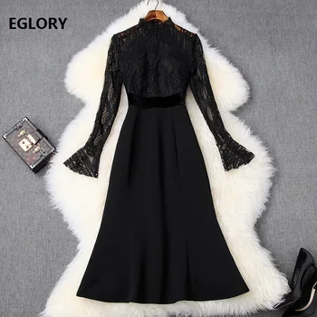 

Black Elegant Dress 2020 Spring Sexy Party Mermaid Dresses Women Hollow Out Lace Patchwork Flare Sleeve Mid-Calf Length Dress OL