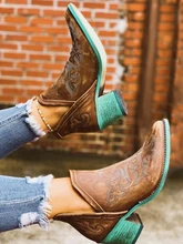  Autumn Winter Casual Western Cowboy Ankle Boots Women Leather Cowgirl Short Cossacks Pointed Thick High Heel Shoes Large Size 43 