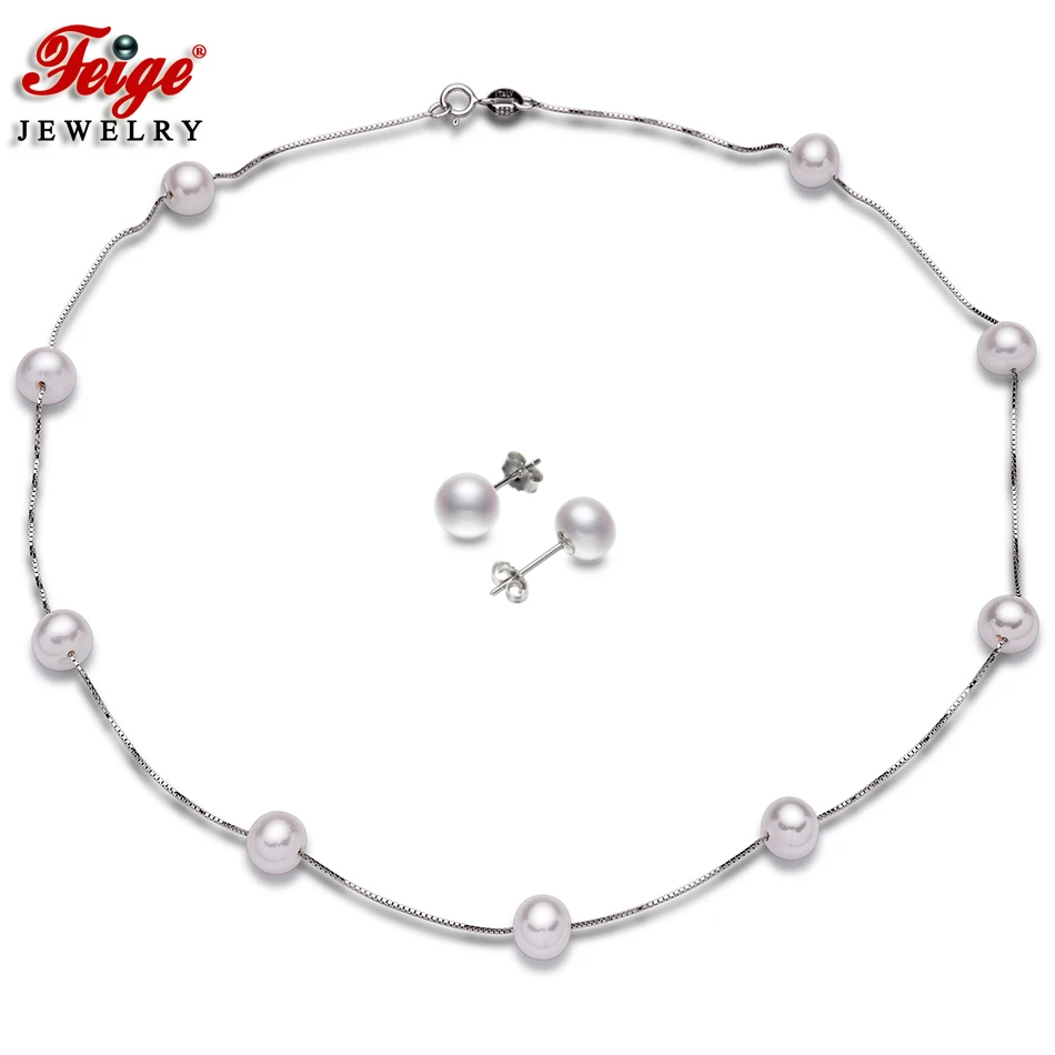 

Classic Simple 925 Sterling Silver Chain Necklace and Earring Jewelry Sets Natural Freshwater Pearl Choker Necklace For Women