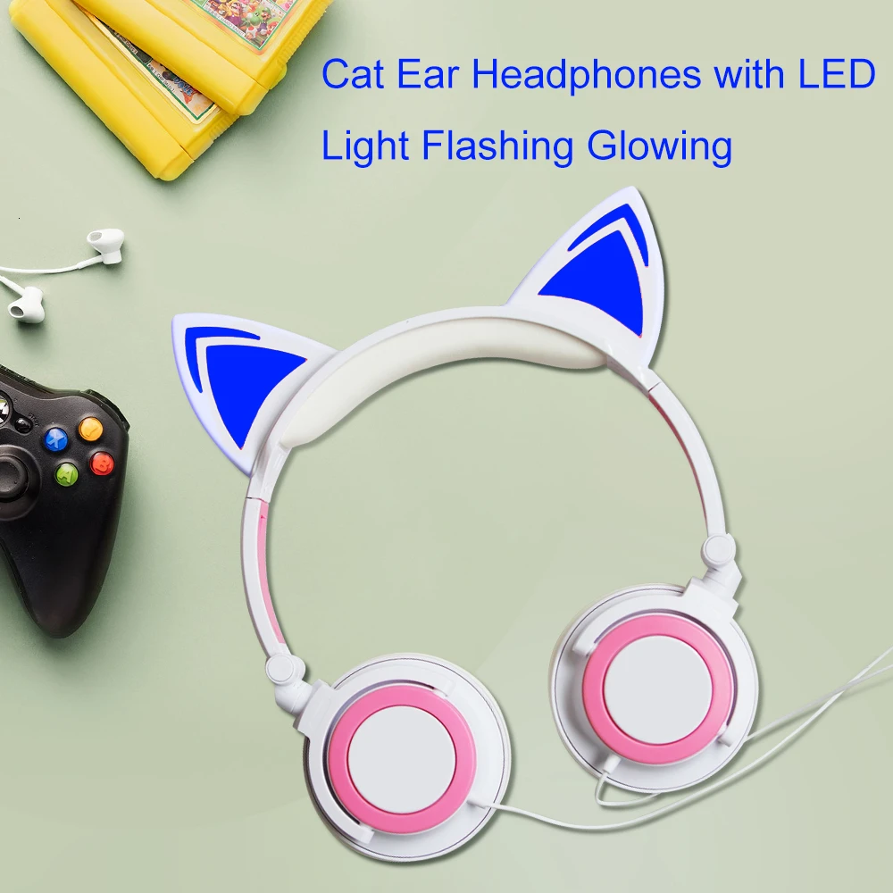 CHYI Foldable Flashing Glowing Led Light Gaming Headset MP3 MP4 Earphone Cute Cartoon Cat Ear Headphone For Kids Girl Gift