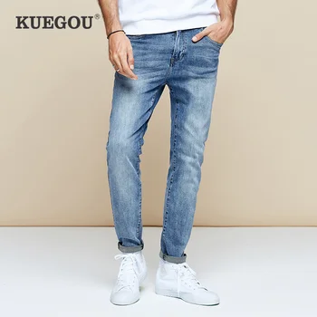 

KUEGOU 2019 Autumn Cotton Blue Skinny Jeans Men Streetwear Brand Slim Fit Denim Pants For Male Hip Hop Stretch New Trousers 2965