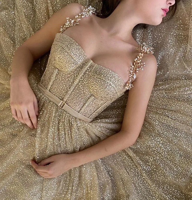 Verngo Glittery Gold Dotted Tulle Short Prom Dresses Pockets Shiny Straps Boning Tea Length Graguation Party Dress