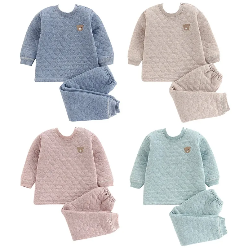

Warm Children's Winter Cartoon Bear Pattern Quilted Thick Warm Comfortable Casual Three-layer Thermal Underwear Set
