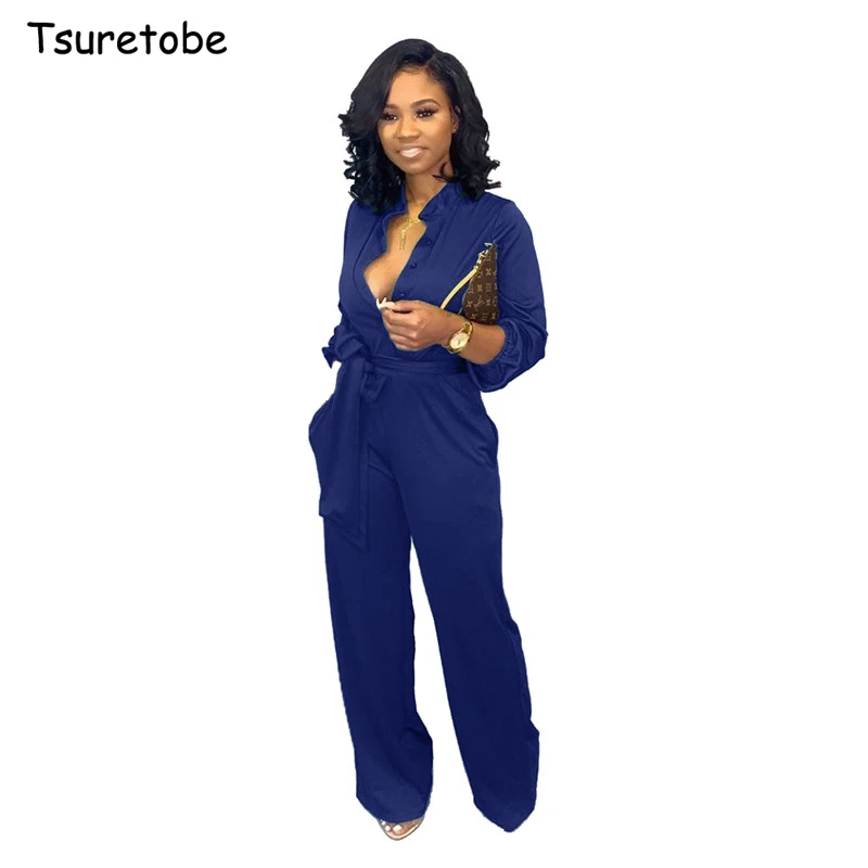 

Tsuretobe Autumn Bandage Jumpsuit Wide Leg Pants Women Long Sleeve Rompers Buttons V-Neck Overalls Sashes Outfits Pockets Mujer