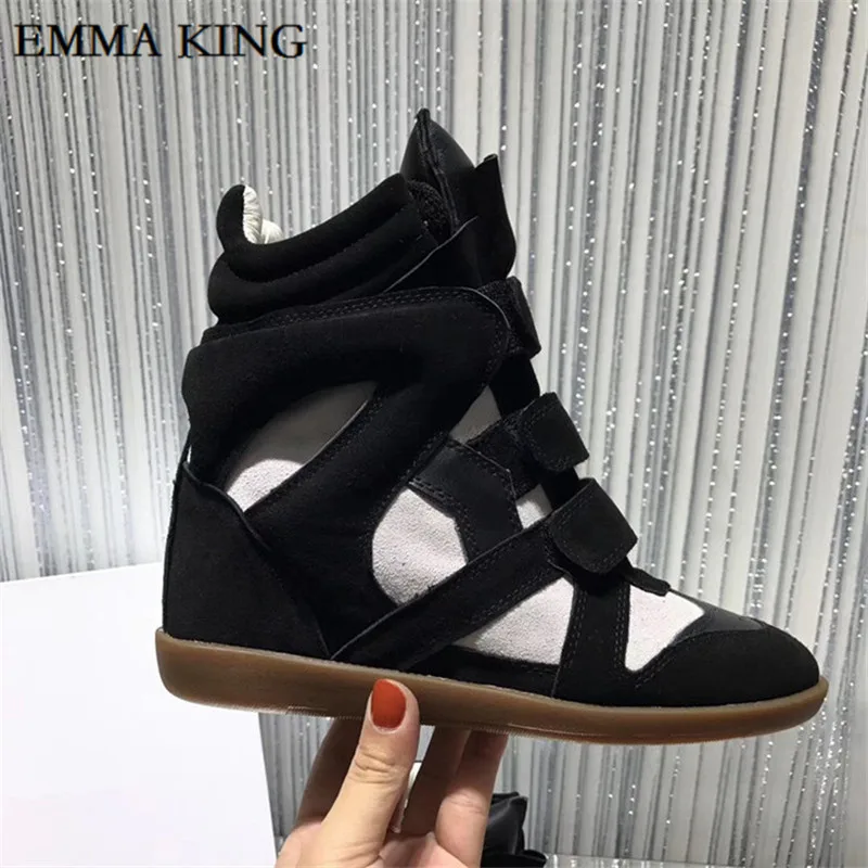 Autumn and winter Newest Fashion Designer Women Hook Loop Sneakers 8cm Invisible Inside Heighten Women Leather Ankle Boots - Цвет: Bblack and white
