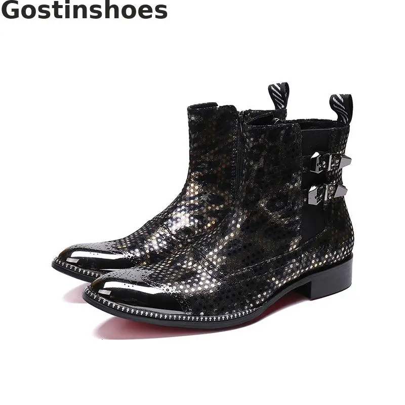 

Polka Dots Decoration Genuine Leather Winter Men Boots Fashion Pointed Metal Cap Toe Buckle Strap Martin Short Boots Work Boots