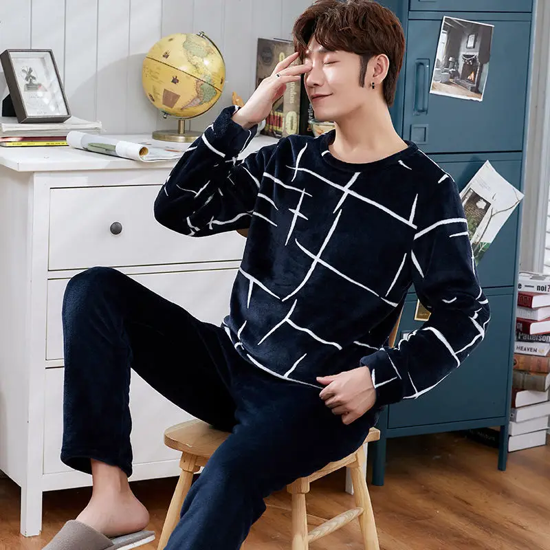men pajama winter Мужской пижамный комплект осень зима теплая фланелевая утолщенная Коралловая флисовая пижама с длинным рукавом Повседневная одежда для сна Топ и штаны для отдыха - Цвет: men pajama winter