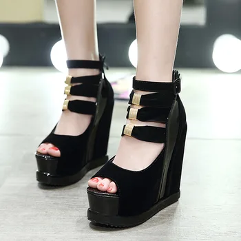 

Annual pastry and waterproof platform sandals color matching hollow slope heel women's shoes